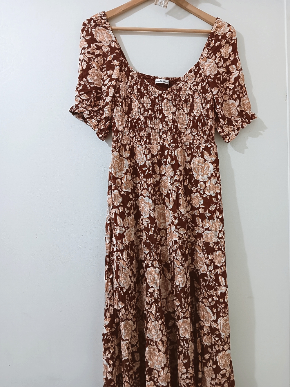 ABERCROMBIE & FITCH TERRACOTTA BROWN SMOCKED FLORAL SIDE SPLIT MIDI DRESS MEDIUM